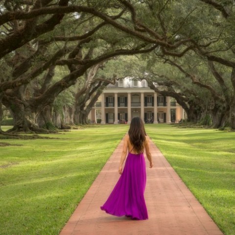 a woman on a path under a bunch of oak trees