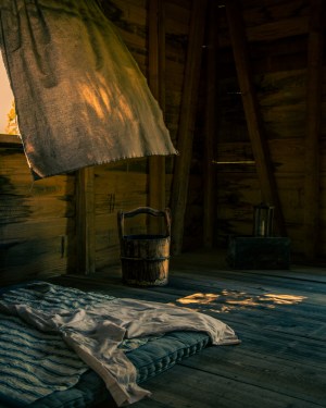 a bedroom with an umbrella