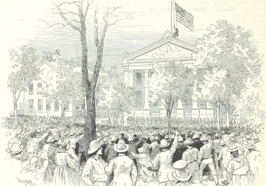 lowering_the_state_flag_at_new_orleans a group of people in an old photo of a crowd