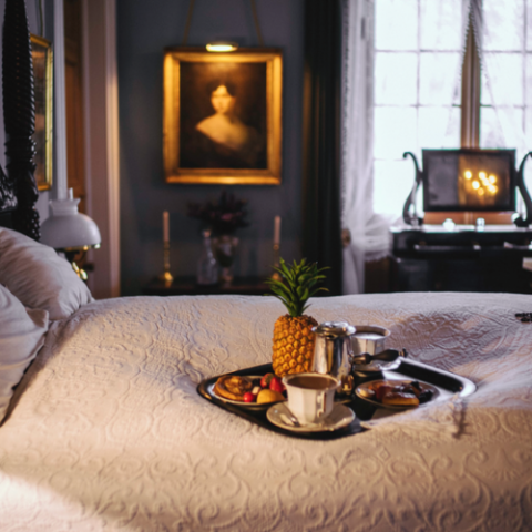 a living room with a bed and a window