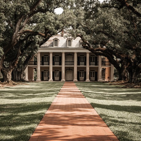Historic mansion framed by large trees and a red brick path leading to the entrance.